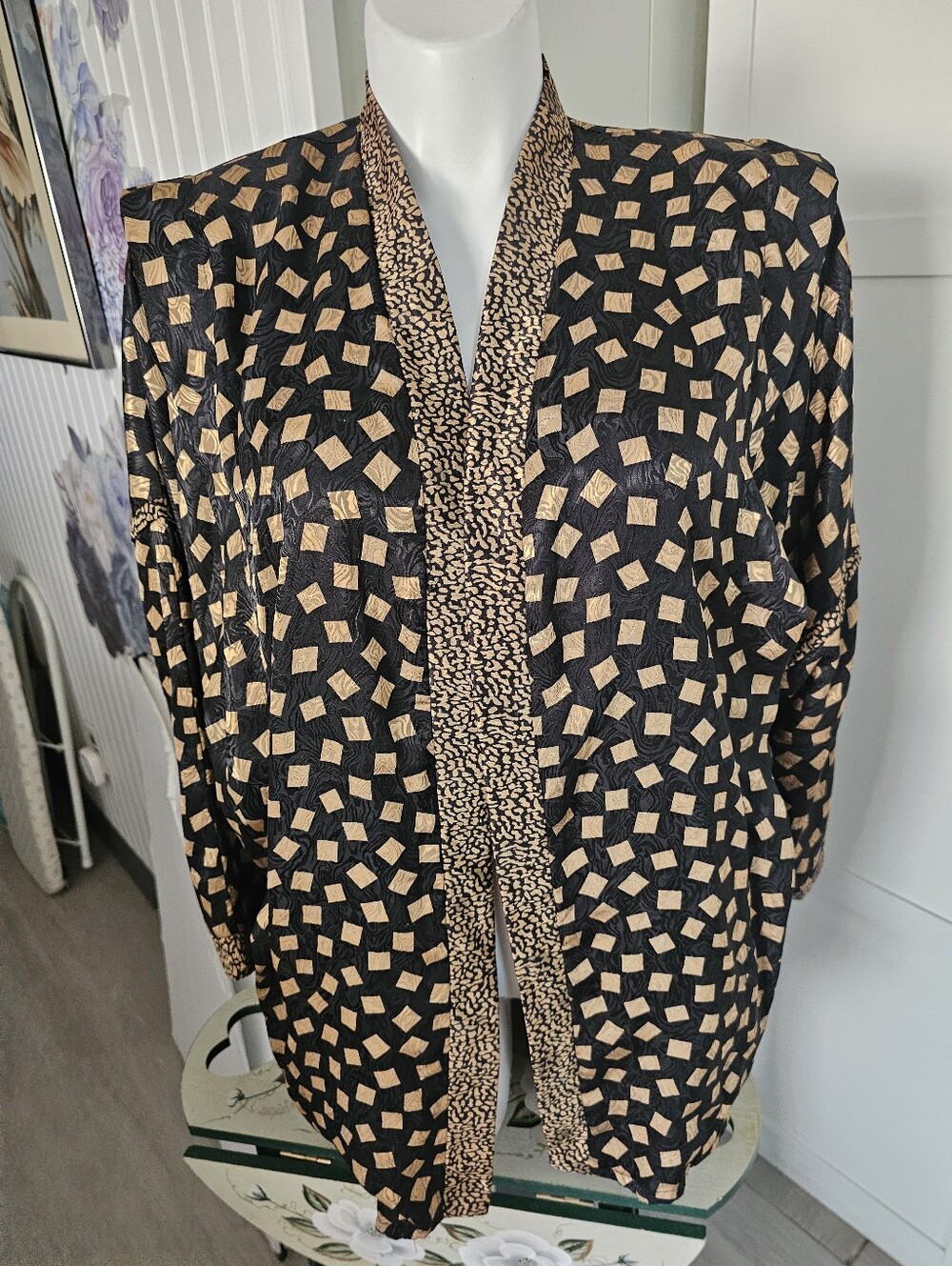 VTG Sonata Open Front Jacket Blazer Womens 2X 3X Black Gold Geometric Kimono USA